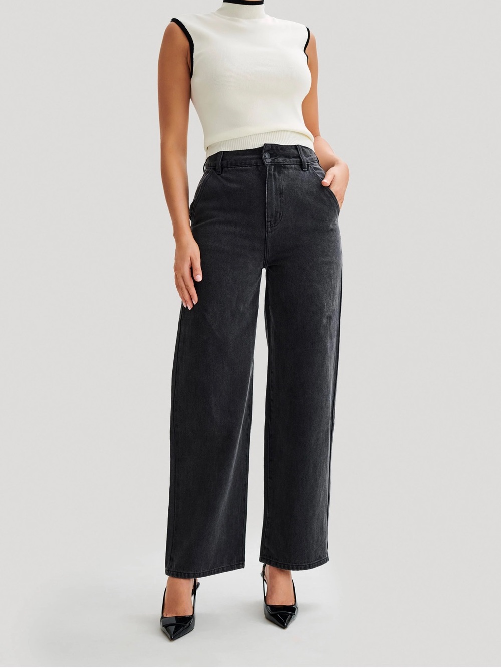 Black Wide-Leg High-Rise Jeans - Meshki